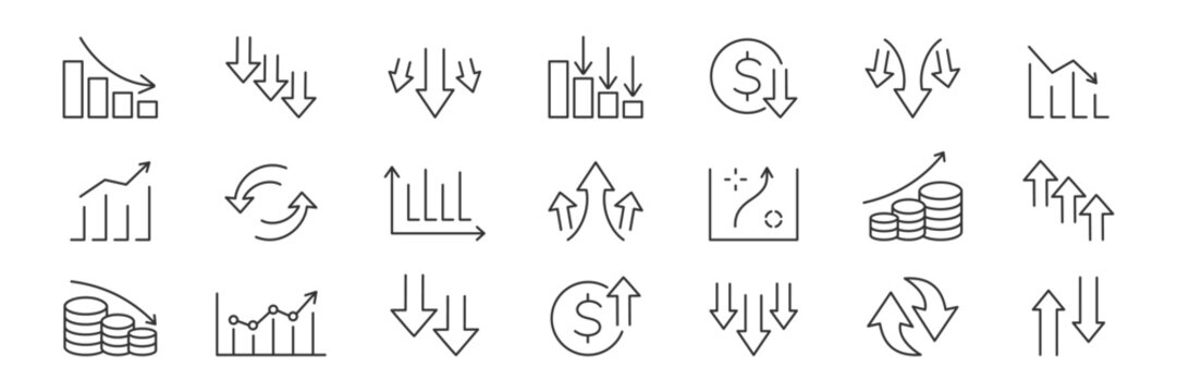 Increase and Decrease line icon set. Growth, Finance Chart, Stock Market, Decline, Profit, Trend icons. Vector.