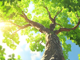 Fototapeta premium Sunlight streams through the leaves of a large tree.