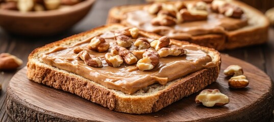 Fototapeta premium Two Slices of Whole Wheat Toast with Creamy Nut Butter Spread Topped with Crunchy Nuts
