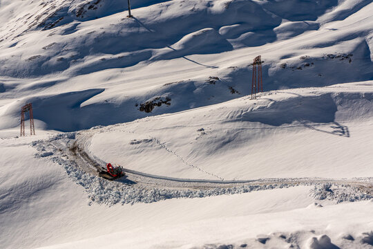 Snow groomer on the Schneeferner Glacier in Alps, Germany.
