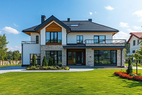 Modern private house with white walls finished with decorative stone and a terrace on the second floor. Laconic landscape design in front of the house.