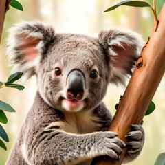 Obraz premium an image of a curious koala peeking out from a eucalyptus tree in a forest