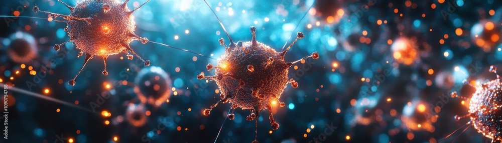 Wall mural close-up of abstract virus cells in a digital environment with glowing particles and blue background
