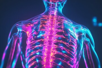 An intricate display of the human spine and nervous system is depicted in vibrant colors. The artwork emphasizes the neural connections illuminating the structure from behind