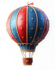 Cute cartoon hot-air balloon in blue and red with a solid-color background made of cartoon clay material with glossy paint gradient color and bright light source at a tilt angle