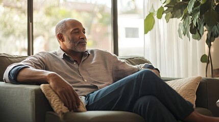 Fototapeta premium Relaxed Man Sitting on Couch in Living Room