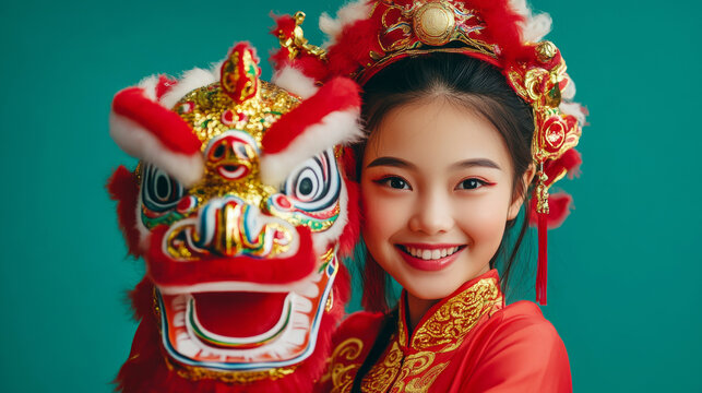 Cheerful Chiness girl in traditional Chinese costume holding a vibrant lion head symbolizing joy and prosperity during Lunar New Year