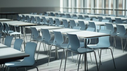 Obraz premium Empty school cafeteria tables during off-peak hours, a serene moment of reflection on the passage of time and the transient nature of youth.