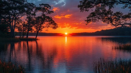 Serene sunset over a tranquil lake with silhouetted trees.