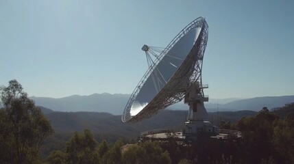 Earth receiving station in a remote desert location, where satellite signals are decoded and transmitted to control centers. The scene symbolizes global connectivity and the seamless flow of info.