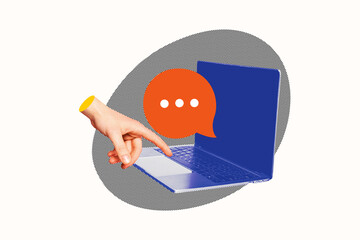 Composite photo collage of human hand push laptop keyboard bubble communication speech device email...