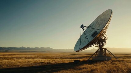 Earth receiving station in a remote desert location, where satellite signals are decoded and transmitted to control centers. The scene symbolizes global connectivity and the seamless flow of info.