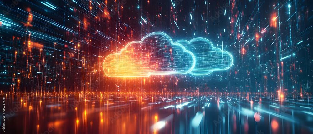 Poster a digital interface displaying multiple layers of cloud security measures, with holographic data str