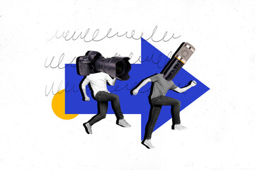 Banner picture collage of unusual weird personage journalist running popular singer interview...