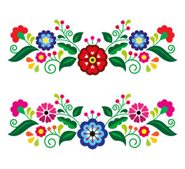Mexican folk art style vector long horizontal floral pattern,  greeting card retro design inspired by traditional embroidery from Mexico. Non AI generated