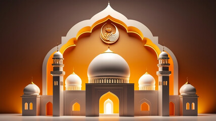 mosque object with Realistic 3d object cartoon style. Combining warm colors such as orange and yellow to convey friendliness and inclusiveness