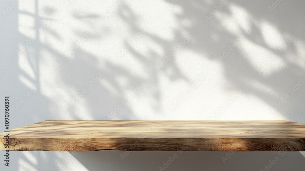 Poster a wooden shelf with a shadow on the wall behind it
