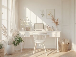 Bright White Home Office Workspace Decorated With Dried Flowers