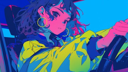 Naklejka premium anime woman is driving, colorful anime style