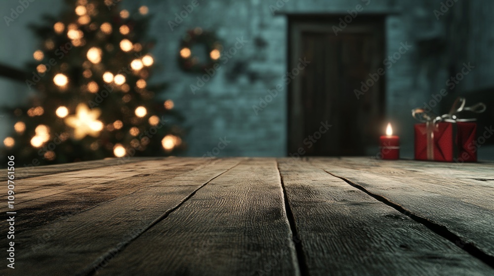 Poster a wooden table with a red box and a candle on it