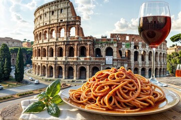 The Best Italian Bolognese Pasta with the Iconic Coliseum of Rome in the Background, Perfectly Paired with Wine and Fresh Basil.

