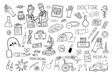 Fototapeta premium Large set of healthcare and medicine vector illustration. Hand drawn. Vector illustration EPS 10 in doodle style. Health, pill, pharmacy, ambulance, doctor.
