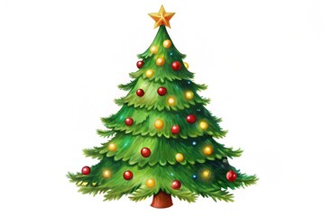 Fototapeta premium Christmas-tree decoration with colorful balls and star with gold chaplet. Single fir-tree in flat style isolated on white. Christmas tree decorations with colorful balls and stars and gold chaplets. 