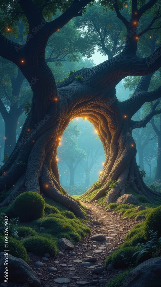 Poster a forest with a moon in the sky and a path leading through it