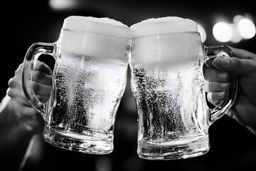 Cheers to friendship large beers clinking black and white background captivating moment social setting dynamic viewpoint celebration concept