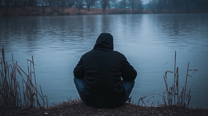 Obraz premium Person sitting alone by a lake on a cloudy day