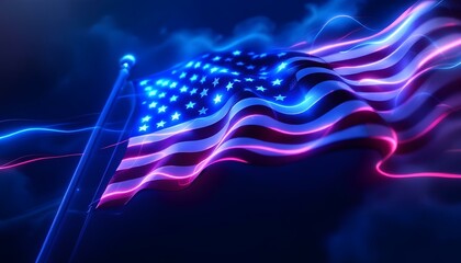 A glowing neon American flag with red and blue lights against a dark background. Neon light American flag, glowing tubes against a dark background, style modern nightlife patriotism