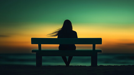 Obraz premium Woman sitting on a bench at sunset by the sea