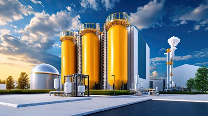 Obraz premium Modern Industrial Facility with Large Yellow Storage Tanks and Blue Sky Background