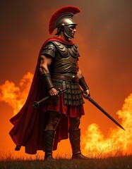 Fototapeta premium eighth century roman empire soldier with smooth body contours,fire background,vivid colors,realistic,detailed,soldier,battle