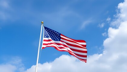 American flag waving against blue sky with clouds. A vibrant American flag with fifty shiny stars and thirteen horizontal stripes proudly waves against a clear blue sky with puffy white clouds