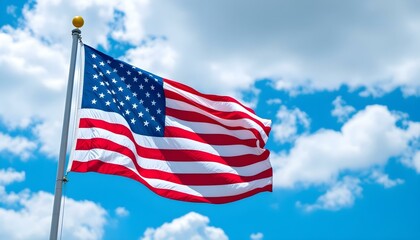 Obraz premium American flag waving against blue sky with clouds. A vibrant American flag with fifty shiny stars and thirteen horizontal stripes proudly waves against a clear blue sky with puffy white clouds