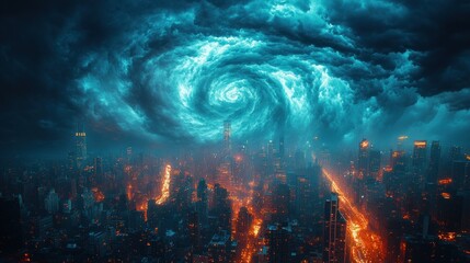 Fototapeta premium A swirling storm over a fiery cityscape, creating a dramatic scene.