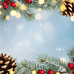 snowy background for christmas decorations fir branches pine tree cones with copy space for text