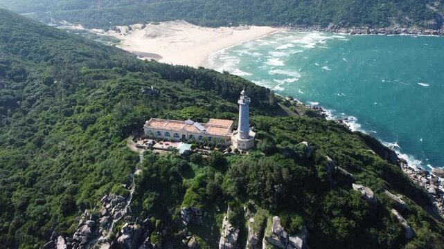 The aerial view is picturesque of the lighthouse. The coast of the South China Sea.