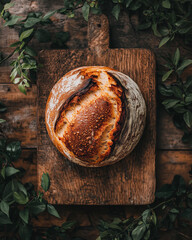 rustic round sourdough bread with a perfectly cracked crust, presented on a wooden board with green foliage