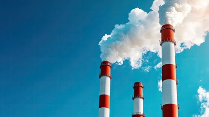Industrial Chimneys Emitting Smoke Against a Clear Blue Sky on a Sunny Day