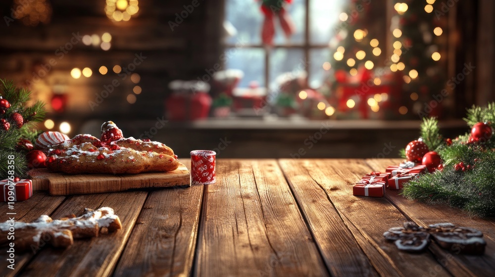 Poster a wooden table with a pizza and cookies on it