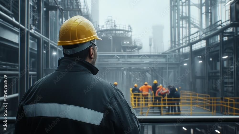 Poster a man in a yellow hard hat stands in front of a group of workers