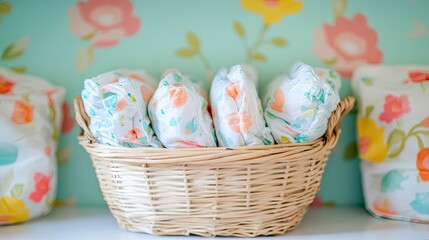 Fototapeta premium Stylish Storage of Colorful Baby Diapers in a Woven Basket Against a Charming Floral Wallpaper Background, Perfect for Parenting and Nursery Themes