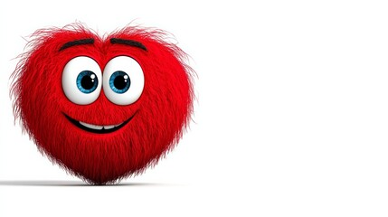 Fototapeta premium Fuzzy red heart with big eyes and a smile. The heart is smiling and has a happy expression