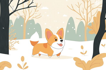 Cartoon simple illustration of orange corgi dog at winter snow forest