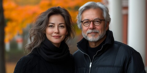 Fototapeta premium Man and a woman are standing next to each other, both wearing black coats. The woman has her hair in a bun and the man has a beard. Scene is casual and friendly