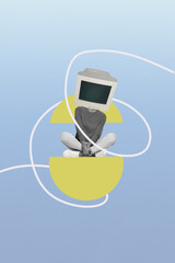 3D collage trend artwork composite sketch poster of headless abstract person woman sit computer...