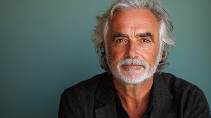 Obraz premium Man with a beard and gray hair is smiling at the camera. He is wearing a black jacket and a black shirt