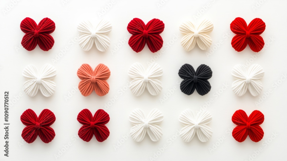 Poster row of white and red flowers are arranged in a grid. the flowers are all different sizes and colors,